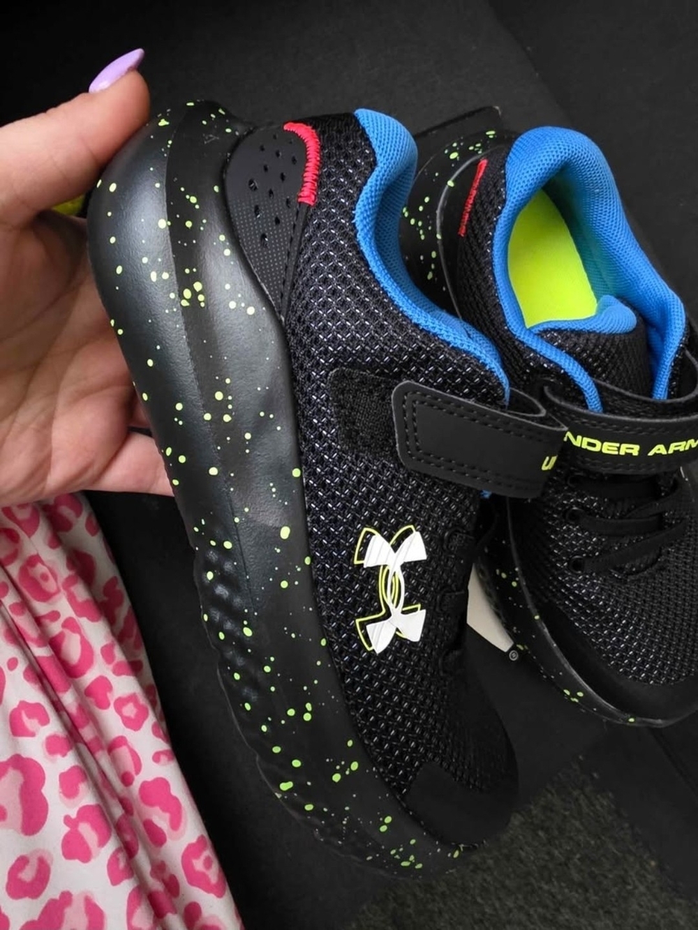 Under Armour Black Sneakers with Blue Lining and Neon Green Speckle